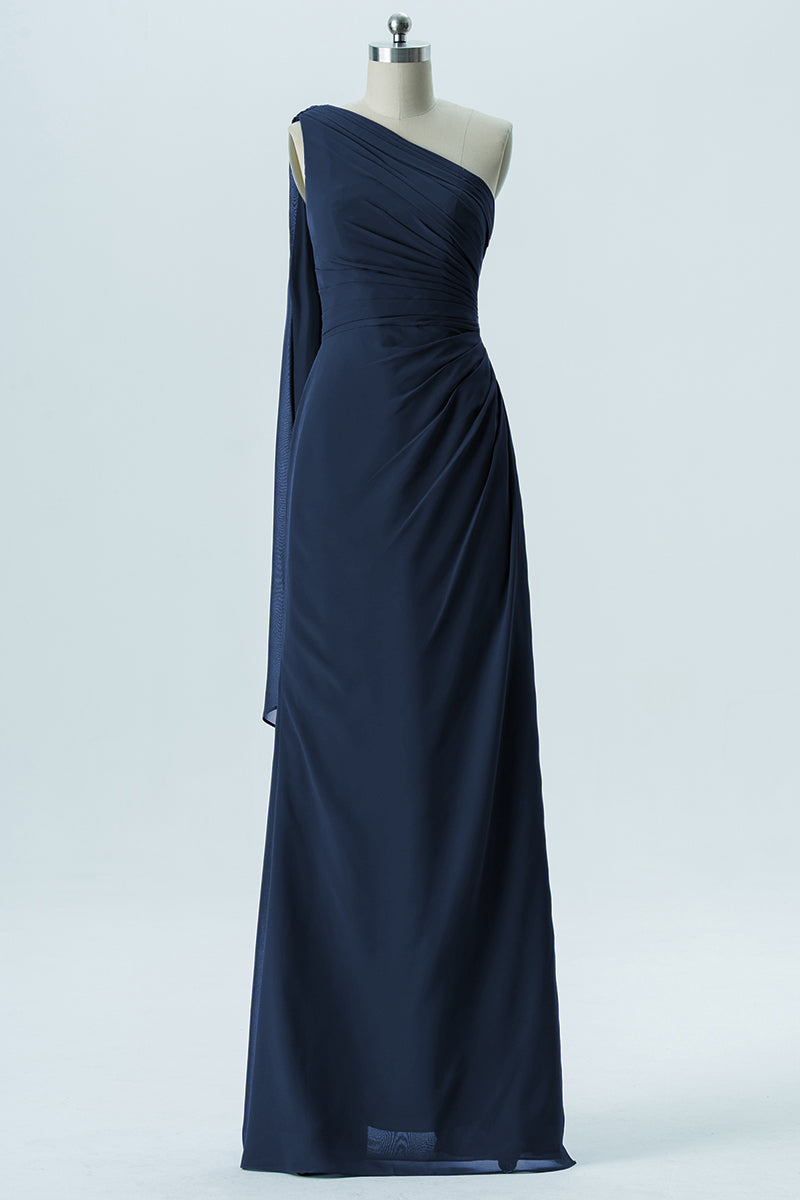 Chiffon Column One Shoulder Sleeveless Bridesmaid Dress-B13656