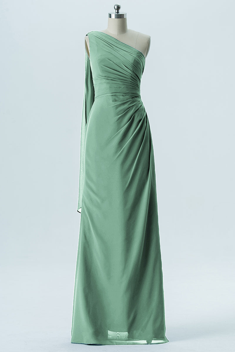 Chiffon Column One Shoulder Sleeveless Bridesmaid Dress-B13656