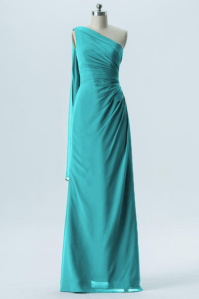 Chiffon Column One Shoulder Sleeveless Bridesmaid Dress-B13656