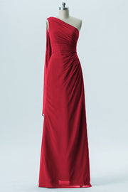 Chiffon Column One Shoulder Sleeveless Bridesmaid Dress-B13656
