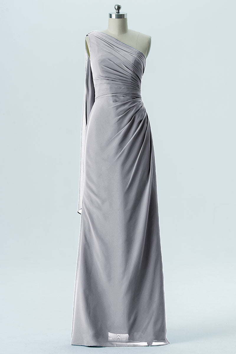 Chiffon Column One Shoulder Sleeveless Bridesmaid Dress-B13656