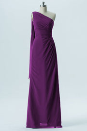 Chiffon Column One Shoulder Sleeveless Bridesmaid Dress-B13656