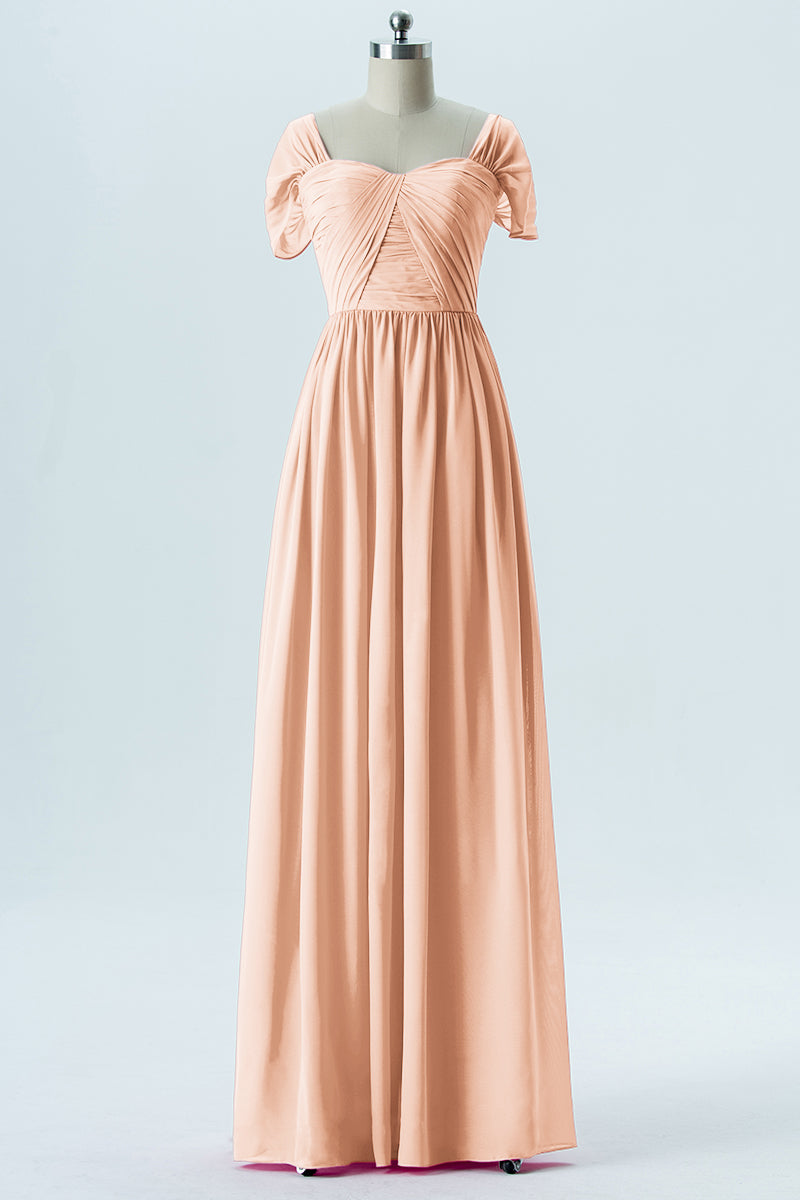 Chiffon Column Sweetheart Short Sleeves Bridesmaid Dress-B13661