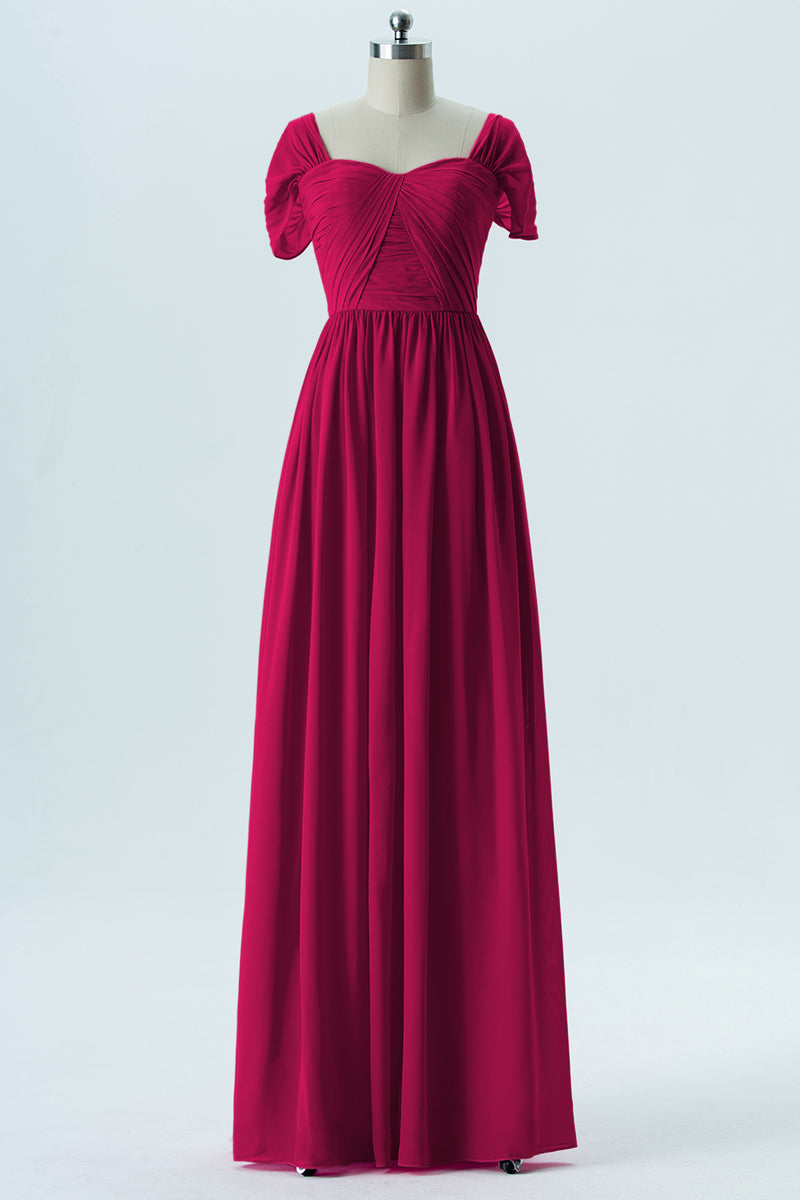 Chiffon Column Sweetheart Short Sleeves Bridesmaid Dress-B13661