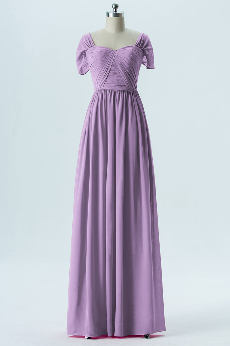 Chiffon Column Sweetheart Short Sleeves Bridesmaid Dress-B13661