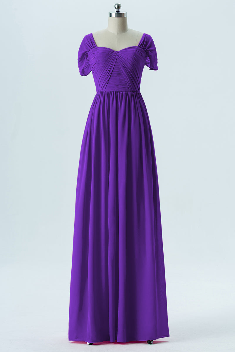 Chiffon Column Sweetheart Short Sleeves Bridesmaid Dress-B13661