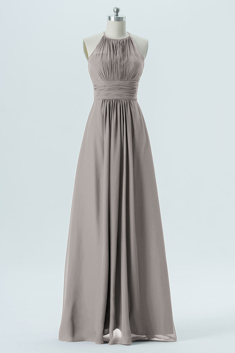 Chiffon Column Halter Sleeveless Bridesmaid Dress-B13670