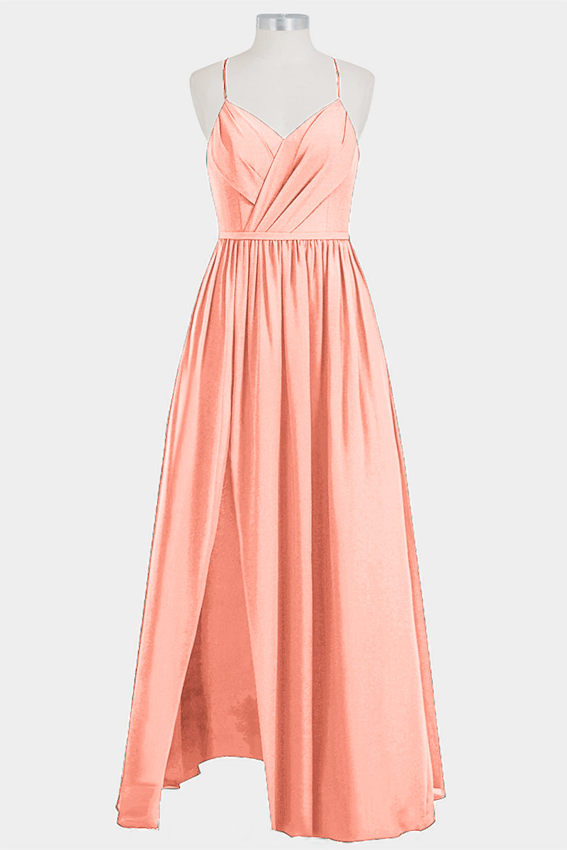 Chiffon Column Spaghetti Straps Sleeveless Bridesmaid Dress-B14014