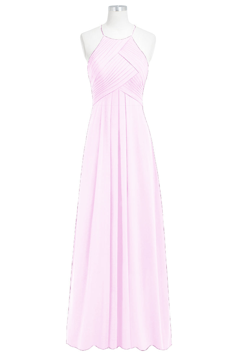 Chiffon Column Halter Sleeveless Bridesmaid Dress-B14023