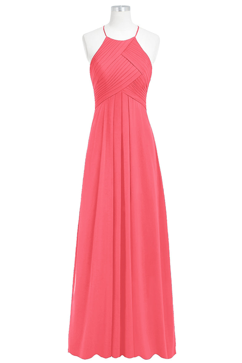 Chiffon Column Halter Sleeveless Bridesmaid Dress-B14023