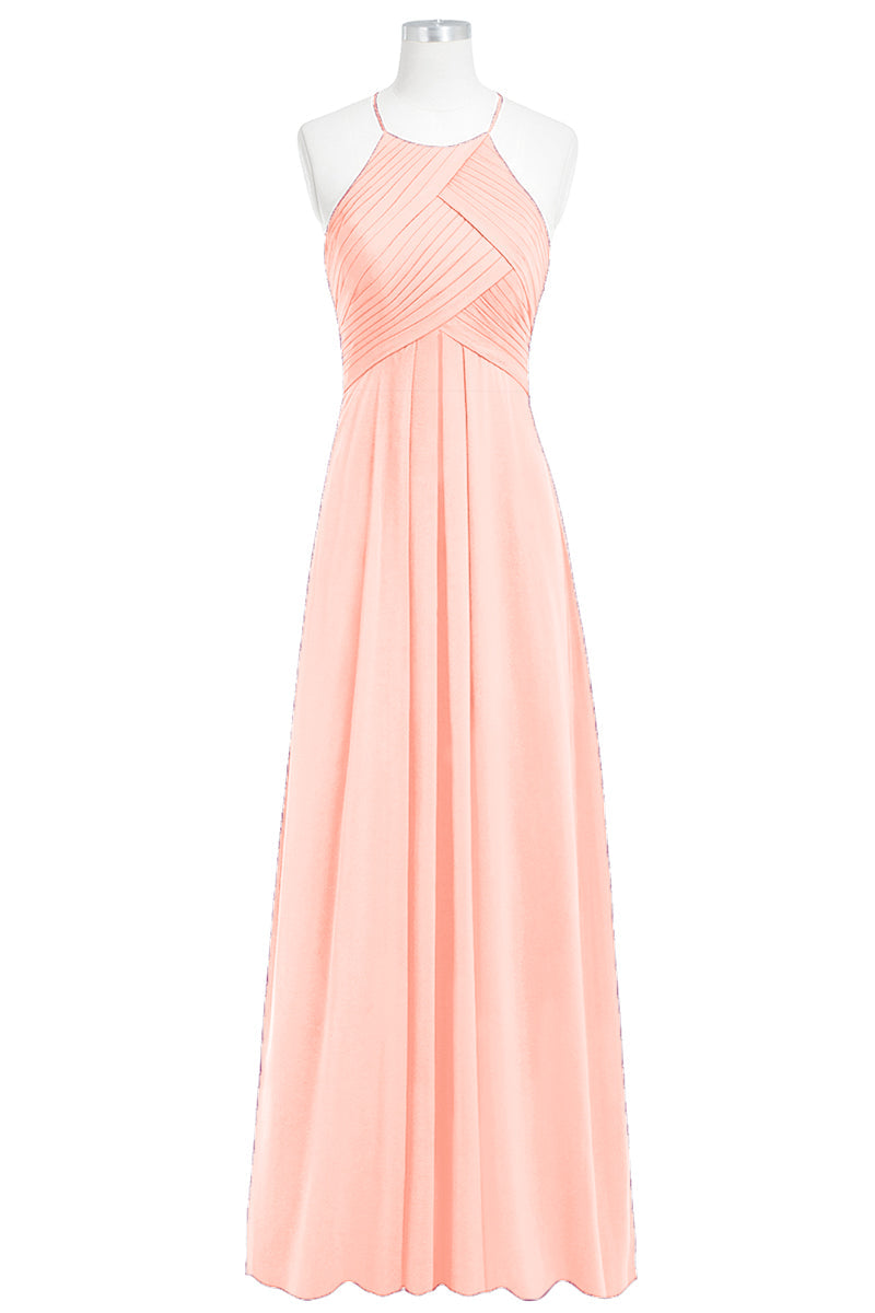 Chiffon Column Halter Sleeveless Bridesmaid Dress-B14023