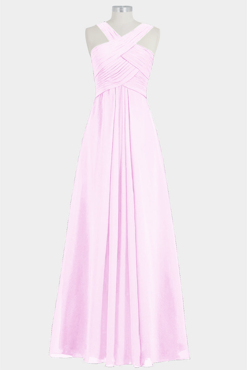 Chiffon Column Criss Cross Straps Sleeveless Bridesmaid Dress-B14032