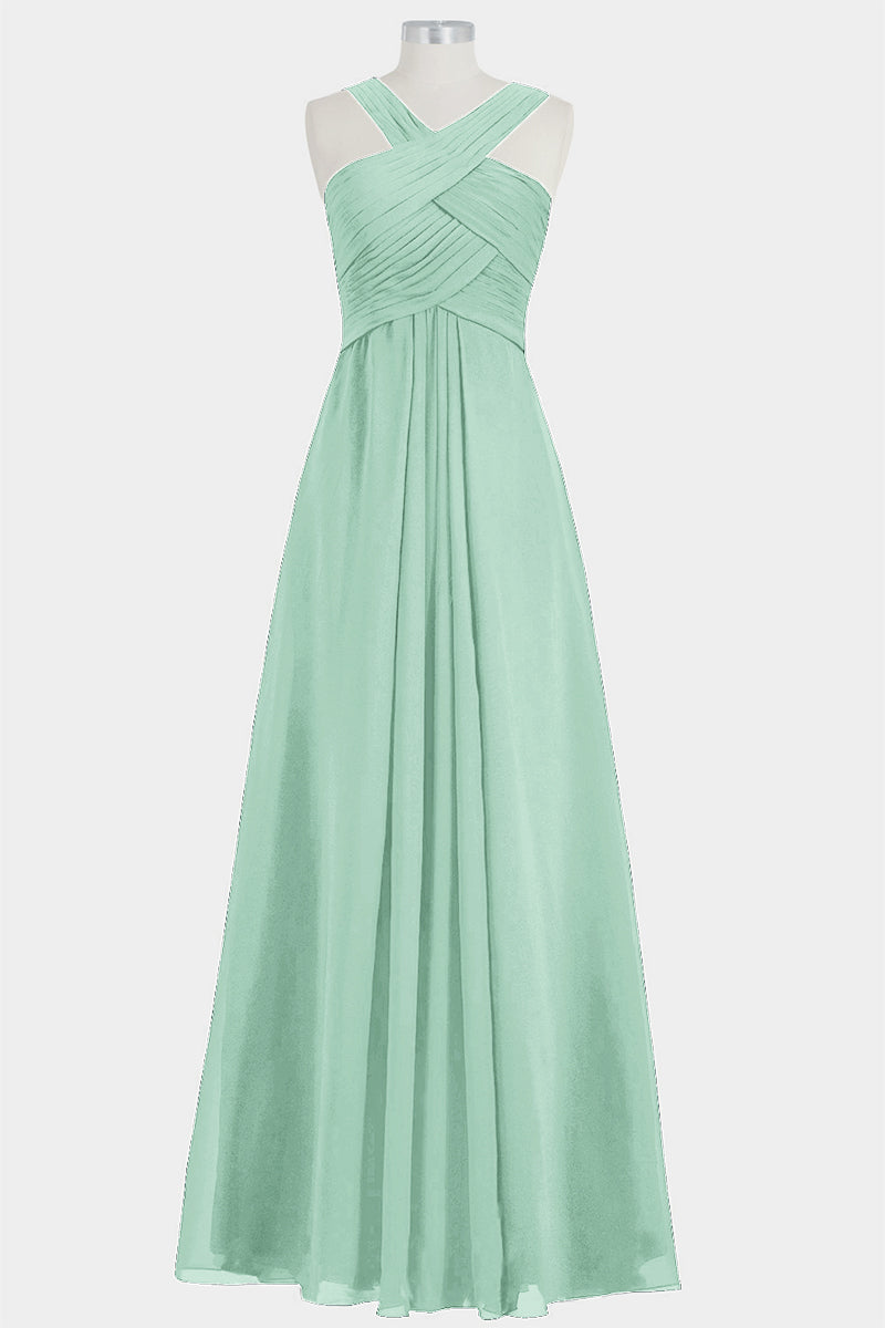 Chiffon Column Criss Cross Straps Sleeveless Bridesmaid Dress-B14032