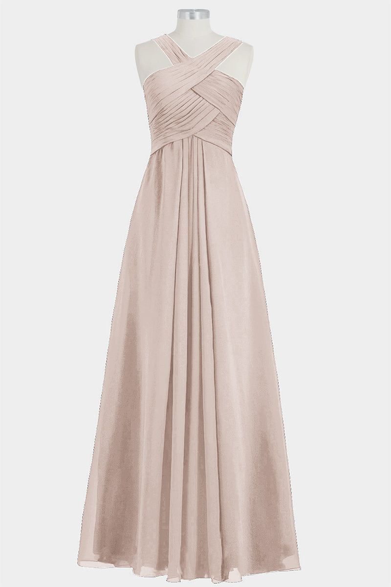 Chiffon Column Criss Cross Straps Sleeveless Bridesmaid Dress-B14032