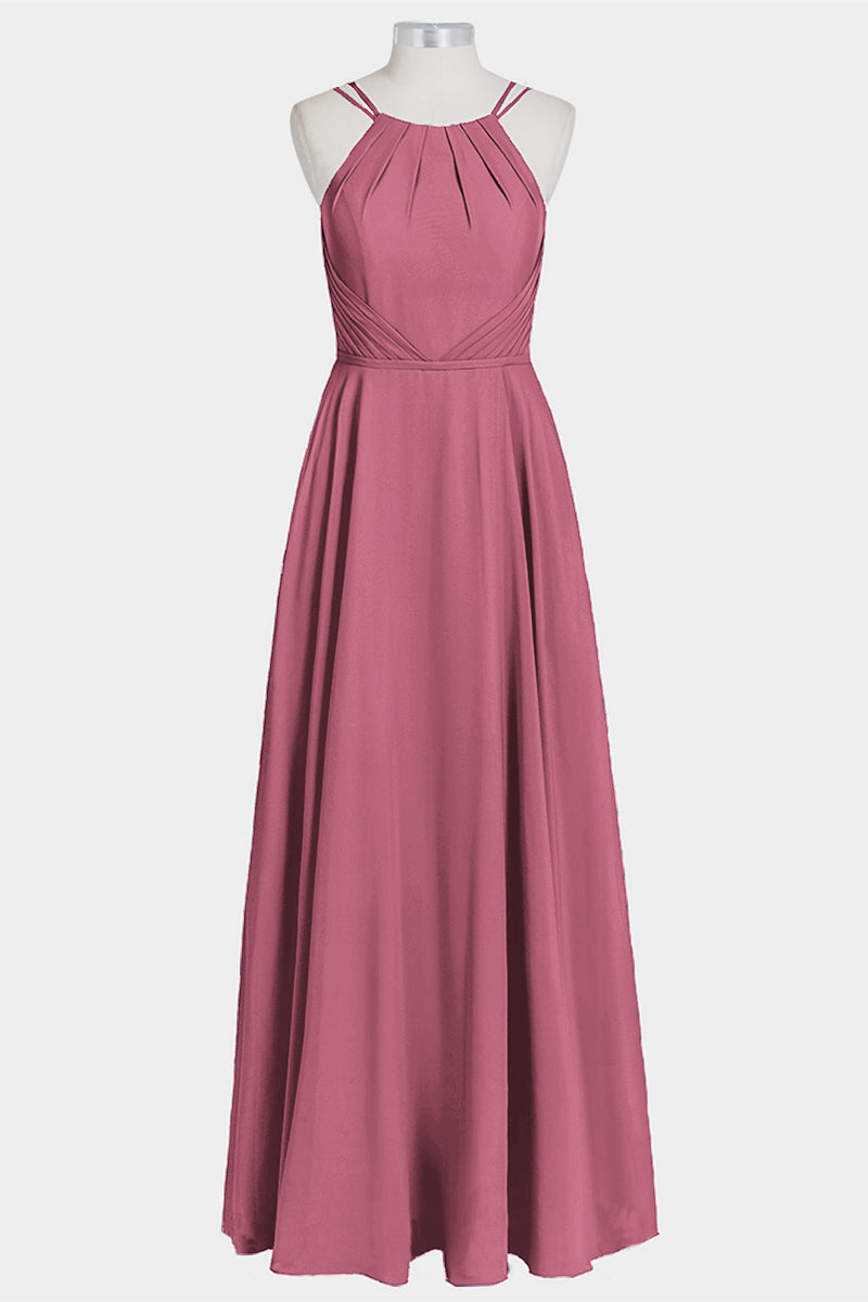 Chiffon Column Spaghetti Straps Sleeveless Bridesmaid Dress-B14038