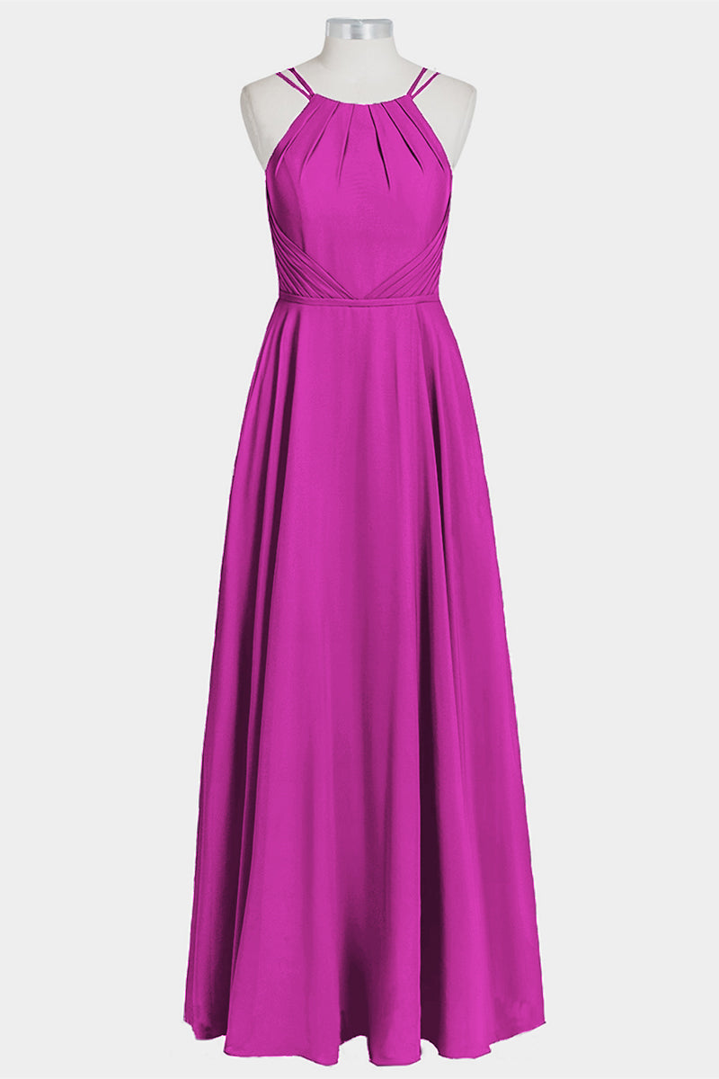 Chiffon Column Spaghetti Straps Sleeveless Bridesmaid Dress-B14038