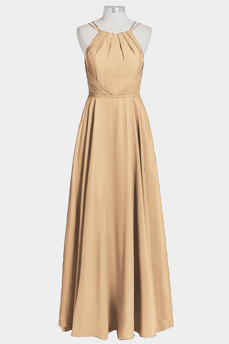 Chiffon Column Spaghetti Straps Sleeveless Bridesmaid Dress-B14038