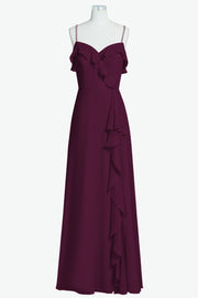 Chiffon Column Spaghetti Straps Sleeveless Bridesmaid Dress-B14056