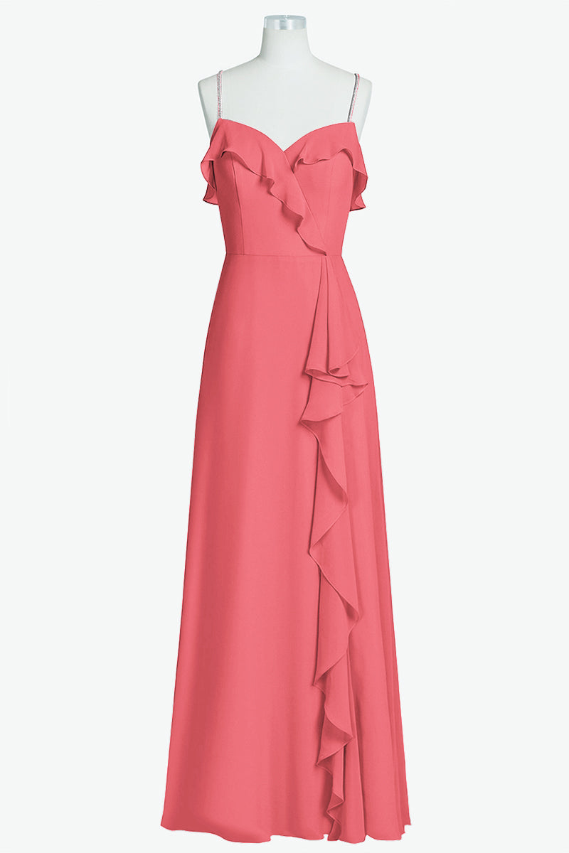 Chiffon Column Spaghetti Straps Sleeveless Bridesmaid Dress-B14056