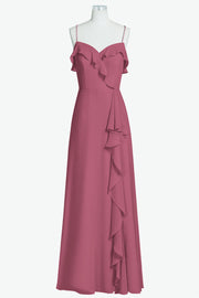 Chiffon Column Spaghetti Straps Sleeveless Bridesmaid Dress-B14056