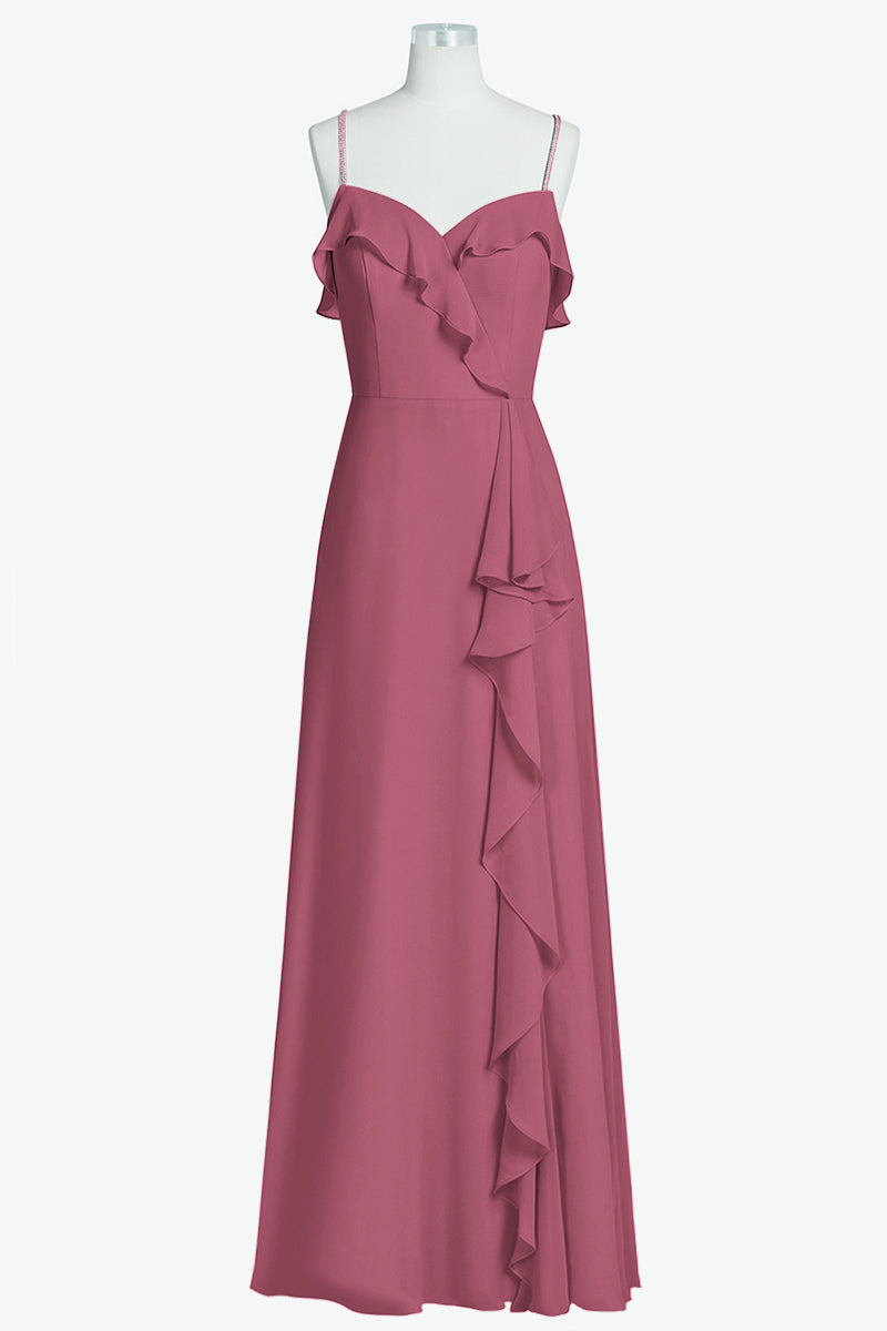 Chiffon Column Spaghetti Straps Sleeveless Bridesmaid Dress-B14056
