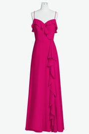 Chiffon Column Spaghetti Straps Sleeveless Bridesmaid Dress-B14056
