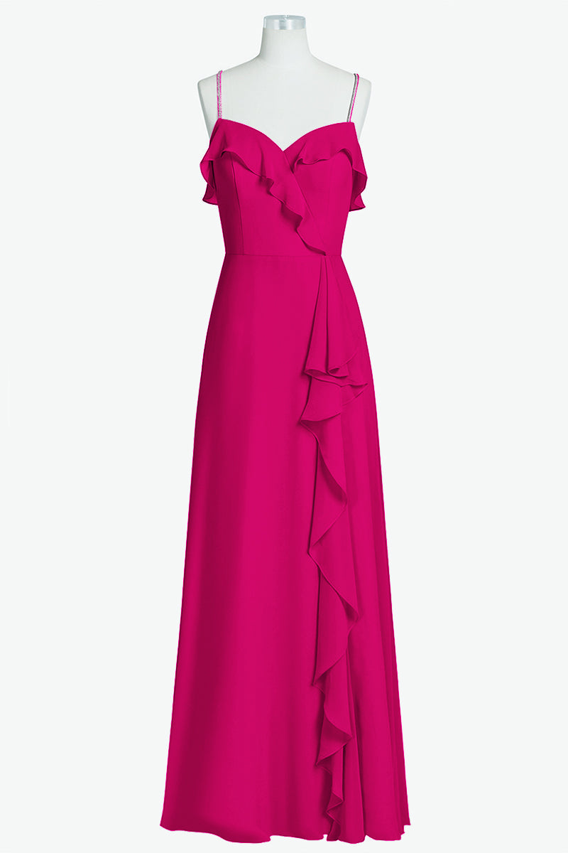 Chiffon Column Spaghetti Straps Sleeveless Bridesmaid Dress-B14056