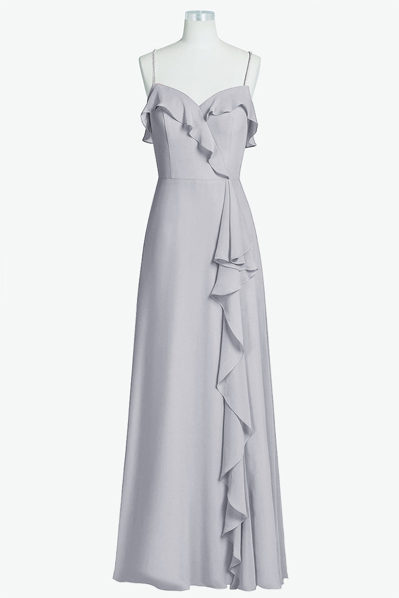 Chiffon Column Spaghetti Straps Sleeveless Bridesmaid Dress-B14056