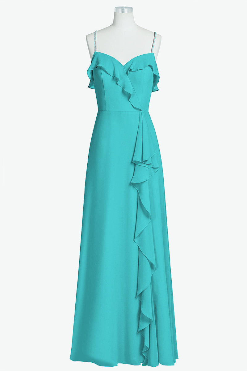 Chiffon Column Spaghetti Straps Sleeveless Bridesmaid Dress-B14056