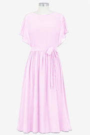 Chiffon Column Boat Neck Short Sleeves Bridesmaid Dress-B14067