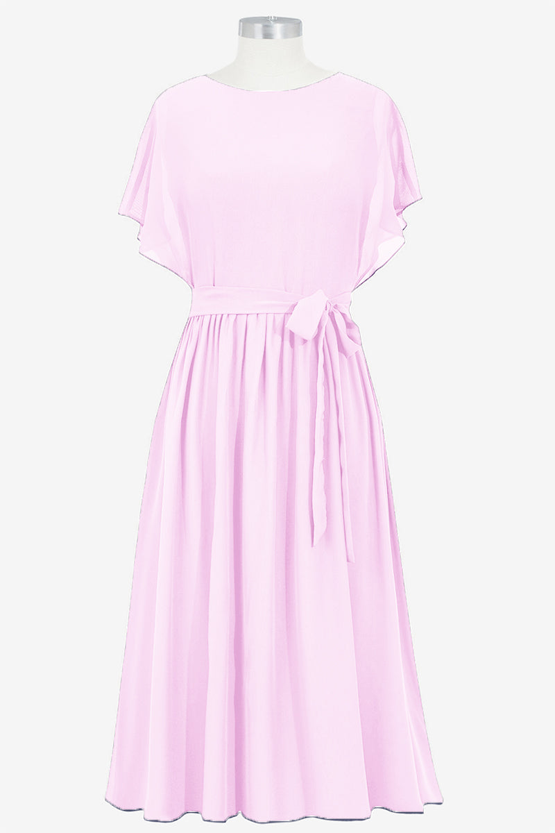 Chiffon Column Boat Neck Short Sleeves Bridesmaid Dress-B14067