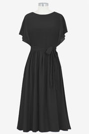 Chiffon Column Boat Neck Short Sleeves Bridesmaid Dress-B14067