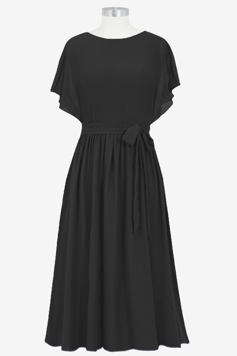 Chiffon Column Boat Neck Short Sleeves Bridesmaid Dress-B14067