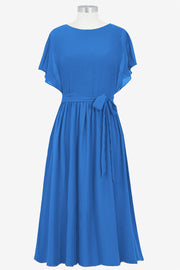Chiffon Column Boat Neck Short Sleeves Bridesmaid Dress-B14067