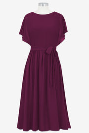 Chiffon Column Boat Neck Short Sleeves Bridesmaid Dress-B14067