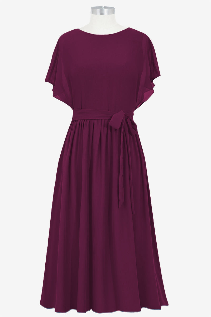 Chiffon Column Boat Neck Short Sleeves Bridesmaid Dress-B14067