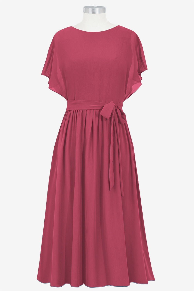 Chiffon Column Boat Neck Short Sleeves Bridesmaid Dress-B14067