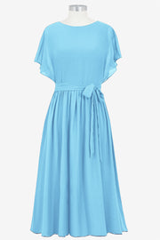 Chiffon Column Boat Neck Short Sleeves Bridesmaid Dress-B14067