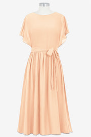 Chiffon Column Boat Neck Short Sleeves Bridesmaid Dress-B14067