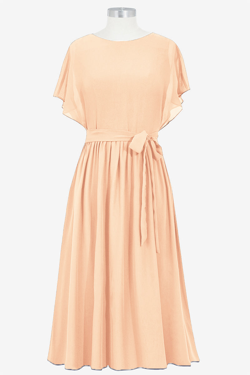 Chiffon Column Boat Neck Short Sleeves Bridesmaid Dress-B14067