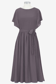 Chiffon Column Boat Neck Short Sleeves Bridesmaid Dress-B14067