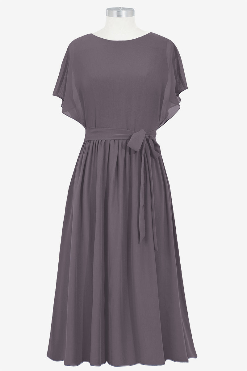 Chiffon Column Boat Neck Short Sleeves Bridesmaid Dress-B14067