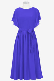 Chiffon Column Boat Neck Short Sleeves Bridesmaid Dress-B14067