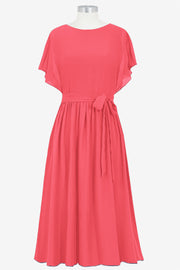 Chiffon Column Boat Neck Short Sleeves Bridesmaid Dress-B14067