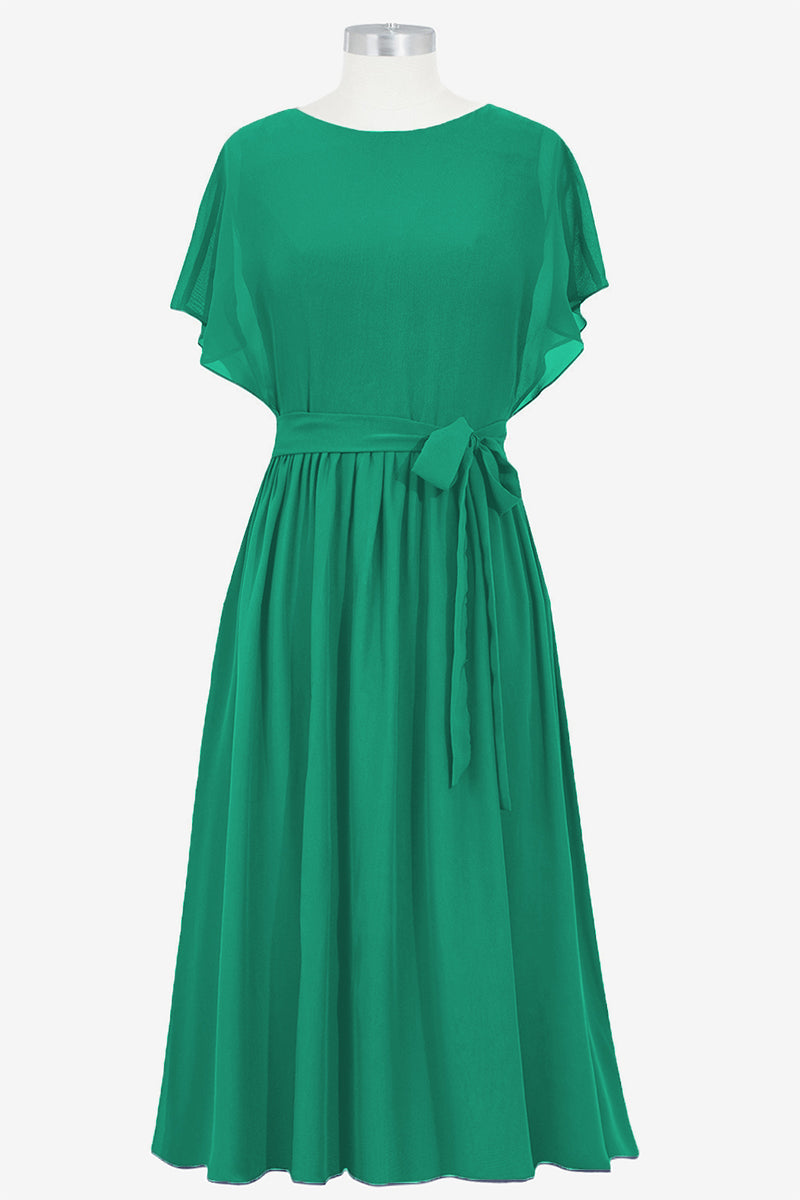 Chiffon Column Boat Neck Short Sleeves Bridesmaid Dress-B14067