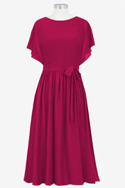 Chiffon Column Boat Neck Short Sleeves Bridesmaid Dress-B14067