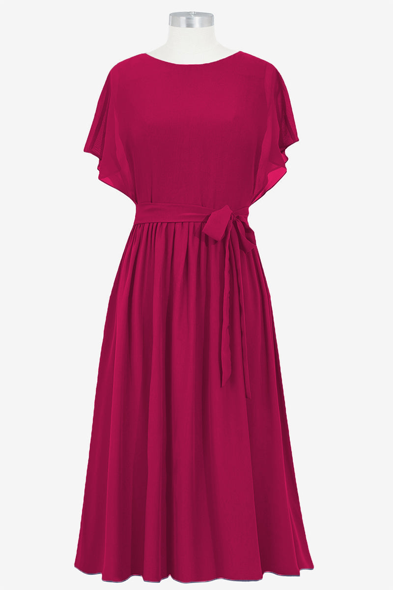 Chiffon Column Boat Neck Short Sleeves Bridesmaid Dress-B14067