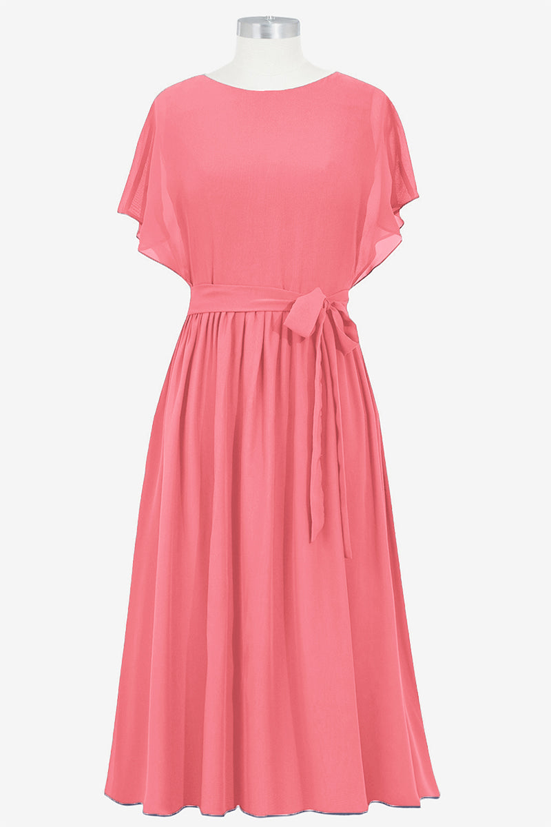 Chiffon Column Boat Neck Short Sleeves Bridesmaid Dress-B14067