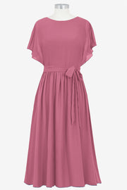 Chiffon Column Boat Neck Short Sleeves Bridesmaid Dress-B14067