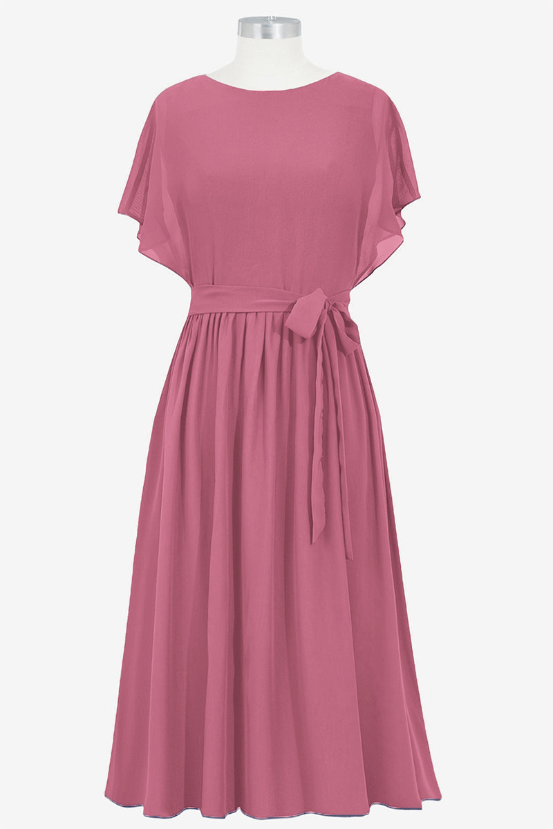Chiffon Column Boat Neck Short Sleeves Bridesmaid Dress-B14067